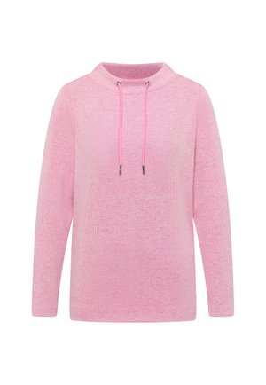 Pink hoodie med en funnel neck, lange ærmer, ribbet tekstur og justerbare snore med sølvmetal spidser.