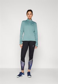 Haut à manches longues teal clair avec une fermeture éclair quart, associé à des leggings noirs avec des accents violet-bleu et un motif blanc. Chaussures de sport bleues.