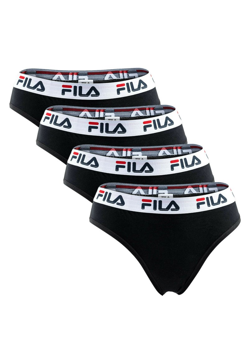 Slip in cotone nero con cintura elastica bianca caratterizzata da dettagli rossi e blu. Quattro pezzi esposti, che mostrano un taglio e un design classico.