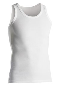 Hvit bomullstanktop med rund hals, ermelo design, glatt tekstur og søm rundt armhullene og halslinjen.