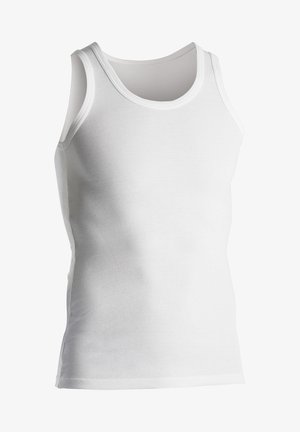 Weißes Baumwoll-Tanktop mit Rundhalsausschnitt, ärmellosem Design, glatter Textur und Nähten rund um die Armausschnitte und den Halsausschnitt.