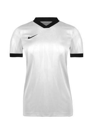 Maillot de sport blanc à manches courtes avec col en V noir et poignets noirs, avec un petit logo Nike Swoosh noir sur le côté droit de la poitrine.