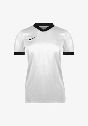 Maglia sportiva bianca a maniche corte con collo a V nero e polsini delle maniche neri, con un piccolo logo Nike Swoosh nero sul petto destro.