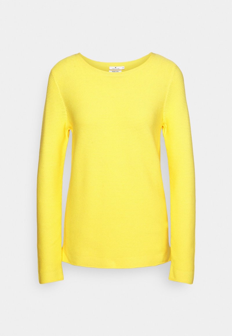 Pull jaune à manches longues avec une texture côtelée et un col rond. Le tissu semble doux et léger.