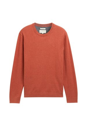 Red crew neck sweatshirt in a soft fabric, featuring long sleeves and a ribbed hem. Includes a small logo on the chest.