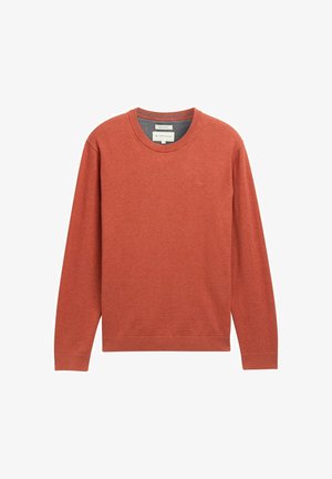 Red crew neck sweatshirt in a soft fabric, featuring long sleeves and a ribbed hem. Includes a small logo on the chest.