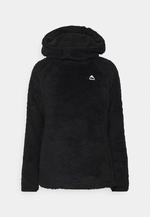 Zwarte, zachte pullover hoodie met lange mouwen en een klein wit berglogo op de linkerborst.