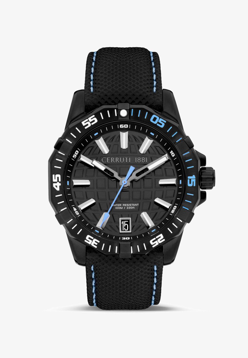 Reloj deportivo negro con esfera texturizada, acentos azules, marcadores de hora blancos y pantalla de fecha. Cuenta con una correa de goma y resistencia al agua de hasta 100 m.