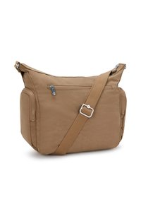 Borsa a tracolla marrone con tracolla regolabile, tasca frontale con zip e scomparti laterali con zip, esposta su sfondo bianco.