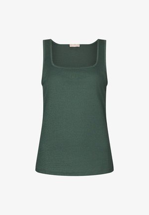 Sleeveless dark green ribbed tank top with square neckline and subtle embroidered logo centered on the chest.