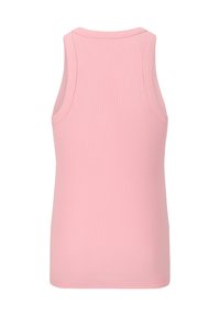 Rosa, gerippte Tanktop mit rundem Halsausschnitt und weiten Armlöchern. Weiche Stofftexture mit figurbetonter Form, geeignet zum Schichten oder als Einzelstück.