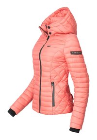 Pink quilted jacket with hood, black accents, front zipper, and two side pockets. Features ribbed cuffs and logo detailing on the sleeve.