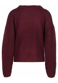Pull en tricot bordeaux à coupe ample, avec des manches larges et un col côtelé. Présente un motif texturé et un ourlet légèrement court.