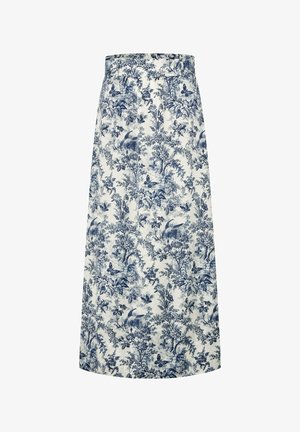 Ilgas baltas sijonas su mėlynu sudėtingu gėlių, medžių, drugelių ir paukščių raštu, turintis aukštą liemenį ir subtilias klostes.