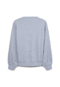 Felpa grigia con vestibilità rilassata, texture morbida e accenti di perle lungo le maniche. Presenta polsini e orlo a coste.