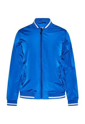 Geacă bomber albastră din nylon lucios. Are un fermoar frontal, două buzunare laterale și manșete și tiv cu dungi albe.