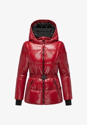 Punaviinine läikiv puffjakke, millel on kitsendatud vöökoht, kapuuts, mustad vetruvad tõmblukud ja elastsed mansetid. Tekstuuritud paneelid täiustavad disaini.