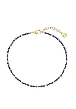 Delikat armbånd med små mørkeblå perler og gyldne runde adskillelseselementer, med en gylden hummerlås og justerbar kæde med vedhæng.