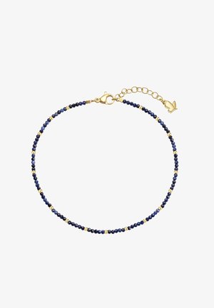 Delikat armbånd med små mørkeblå perler og gyldne runde adskillelseselementer, med en gylden hummerlås og justerbar kæde med vedhæng.