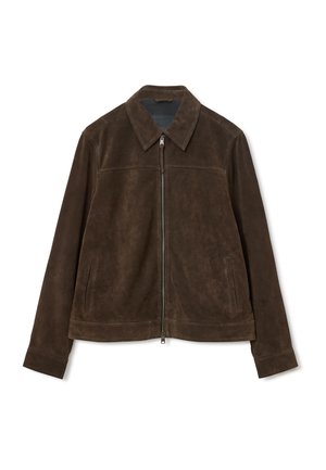 Veste zippée en daim marron avec un col classique et deux poches verticales à l'avant, présentée à plat sur un fond blanc.