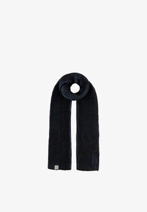 Dark navy blue ribbed knit scarf, looped at top with ends hanging down, small beige brand tag on lower left end.
