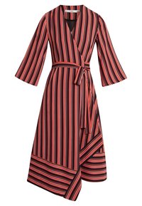 Robe portefeuille longue avec de larges rayures verticales rouges, noires et blanches. Confectionnée en tissu léger, elle possède de larges manches et une taille ceinturée.