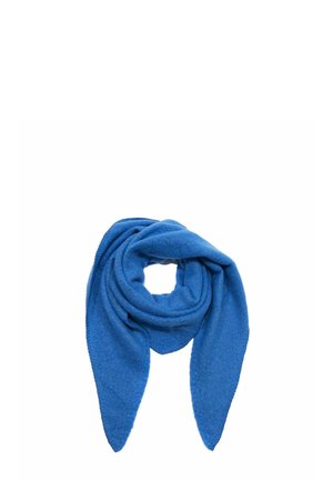 Weicher blauer Schal, in einer Schlaufe mit spitzen Enden dargestellt, aus einem strukturierten, gemütlichen Stoff, der für kaltes Wetter geeignet ist.