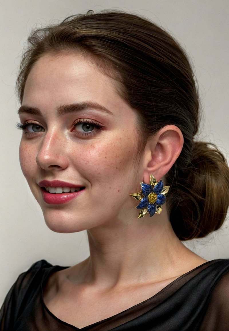 Gold flower-shaped earrings with blue accent petals and a yellow center. Textured design, featuring pointed golden accents, worn by a model.