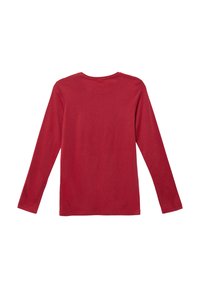 Effen rode langslav shirt van achterzijde getoond met een ronde halslijn op een witte achtergrond.