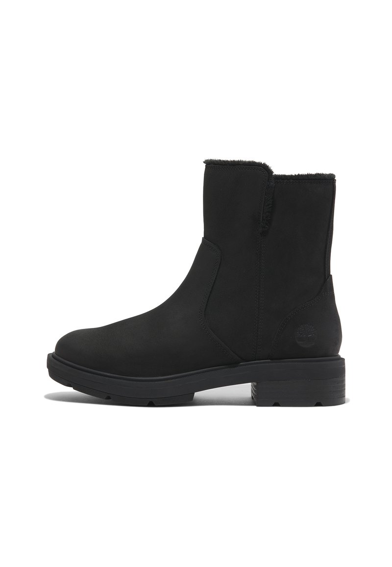 Botine negre din piele netedă, cu vârful rotund și un guler din fleece texturat. Au o talpă din cauciuc și un detaliu discret cu logo.