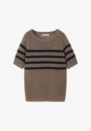 Smeđi kratki pulover s kratkim rukavima s tamnoplavilim horizontalnim prugama. Izrađen od pletene tkanine, s širokim okruglim izrezom i opuštenim krojem.