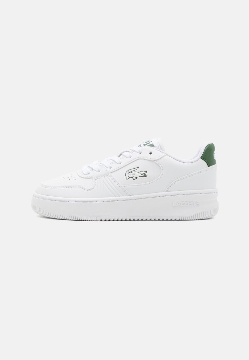 White leather sneaker with a green accent on the heel, round toe, and textured rubber sole. Features perforated detailing and embroidered logo.