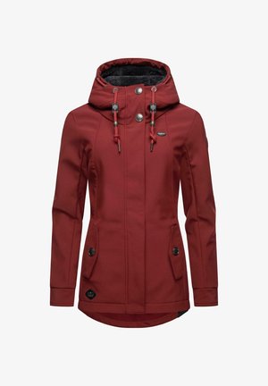 Rdeča nepremočljiva jakna s kapuco, z srebrnimi gumbi, nastavljivimi vrvicami in dvema sprednjima žepoma s pokrovom. Gladka tekstura.