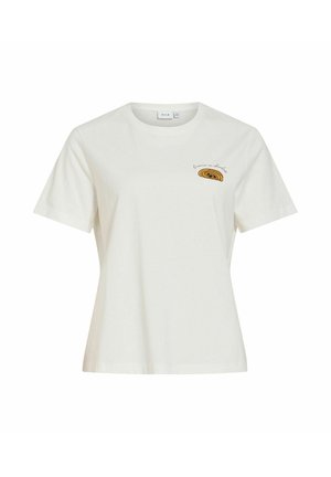 T-shirt blanc à manches courtes avec col rond et petit graphique abstrait marron ainsi qu’un texte en écriture cursive sur la poitrine gauche.