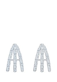 Sølvfarvede øreringe med tre buede sektioner pyntet med klare, funkende rhinsten for et moderne geometrisk design.
