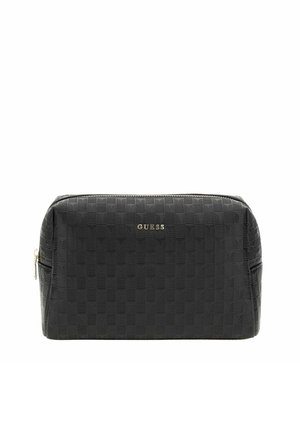 Beauty case nero Guess con motivo geometrico testurizzato e cerniera dorata sulla parte superiore.
