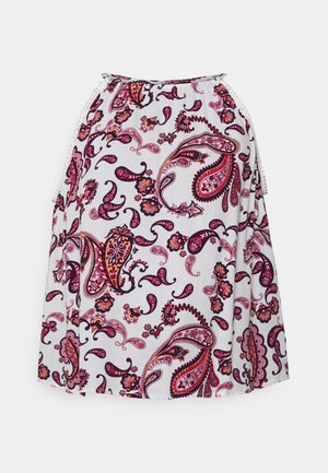 Gonna bianca con motivo paisley in tonalità di viola, rosso e arancione. Vita arricciata con laccetti regolabili ai lati.