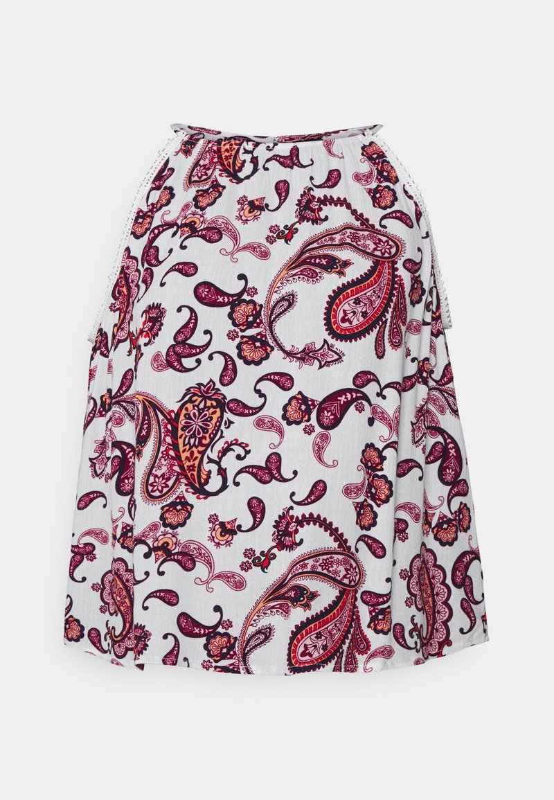 Jupe blanche ornée d'un motif cachemire dans des tons de violet, rouge et orange. Taille froncée avec cordons ajustables sur les côtés.