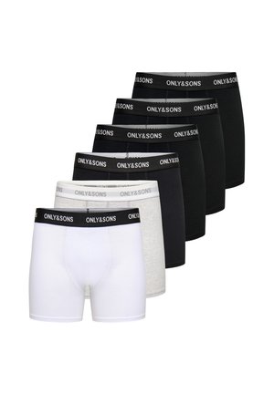 Fünf Paar Herren-Boxershorts in Schwarz, Grau und Weiß mit schwarzen Taillenbändern und ONLY&SONS-Logo, diagonal gestapelt.