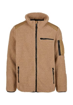 Giacca in pile color sabbia con colletto alto. Presenta zip nere, due tasche laterali, una tasca sul petto con zip e dettagli sulle spalle in marrone.