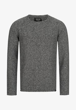 Gray long-sleeve sweater made of textured knit fabric, featuring a round neckline and finished hem, with a small branding label at the bottom.