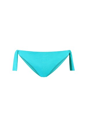 Turquoise bikini broekje met verstelbare zijkanten. Zachte stof, gladde textuur, laag uitgesneden en naadloze randen. Geschikt voor zwemkleding.