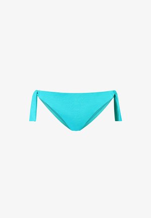 Bas de bikini turquoise avec des liens sur les côtés ajustables. Tissu doux, texture lisse, coupe basse et bords sans coutures. Convient pour le maillot de bain.