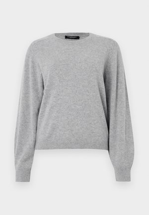Light gray pullover sweater made of soft material. Features a round neckline, long sleeves, and a relaxed fit with ribbed cuffs and hem.