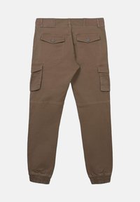 Brązowe spodnie cargo o luźnym kroju, z dwiema kieszeniami z tyłu, kieszeniami cargo po bokach oraz elastycznymi mankietami przy kostkach.