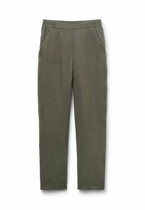 Zelené kalhoty s elastickým pasem vyrobené z lehkého materiálu, s bočními kapsami a rovně střiženými nohavicemi. Texturovaný povrch s minimálním leskem.