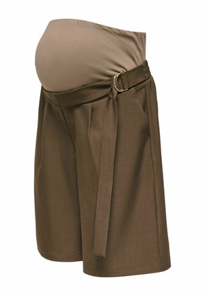Shorts de maternité marron avec ceinture de taille réglable et panneau en tissu extensible pour le soutien du ventre.