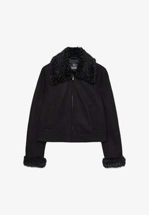 Black cropped jacket with a soft, textured collar and cuffs. Features long sleeves, a front zipper, and two front pockets.