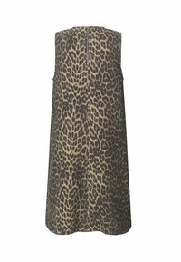 Abito senza maniche con stampa leopardata dai toni beige e neri. Presenta una zip sul retro, una linea dritta e una texture morbida.