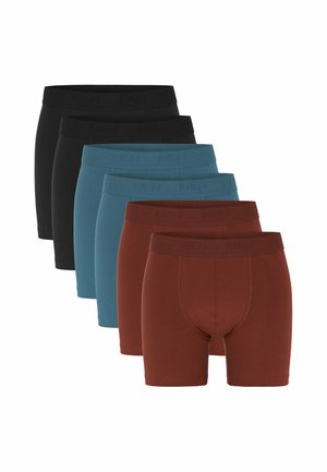 Six pairs of men's boxer briefs in black, blue, and brown colors, stacked in two rows on a white background.